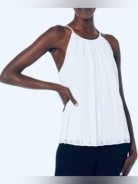 Theory Pleated Mod Lace Textured Halter Style Cami Top in Cool White size Small